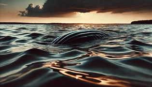 Silueta de una criatura serpentina deslizándose bajo las olas al atardecer en Saint Joseph Sound.