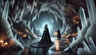 Una brillante caverna subterránea con cristales centelleantes, donde una mujer cubierta con una capa se enfrenta a un pastor cauteloso que sostiene una linterna.