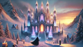 Un palacio de hielo que brilla bajo la luz del amanecer, con una figura solitaria en sus escaleras.