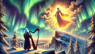 Väinämöinen se encuentra con la Doncella del Aire en una montaña nevada, mientras las auroras boreales iluminan el paisaje.