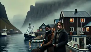 Elín Ásgeirsdóttir y Jónas Einarsson se encuentran en un muelle de madera en un pequeño pueblo islandés, contemplando el difuso fiordo.