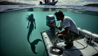 Santiago Rivera en una pequeña embarcación ajustando hidrófonos, con la tenue sombra de una sirena visible bajo la superficie del océano.