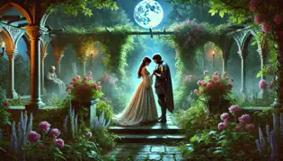 Una noble y un soldado comparten un momento en los jardines iluminados por la luna del Castillo de Houska, rodeados de niebla.