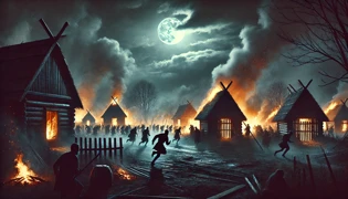 Caos mientras los aldeanos huyen de las chozas en llamas bajo un cielo oscuro iluminado por un fuego voraz.