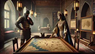 La Princesa Gulnor y el Comandante Farhad elaboran estrategias sobre mapas en una sala del palacio ricamente decorada en Samarcanda.