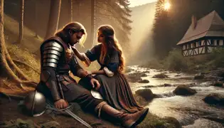 Ilona, una sanadora, cuida del soldado herido István junto a un arroyo medieval en Transilvania, mientras la luz del sol se filtra a través de los árboles.