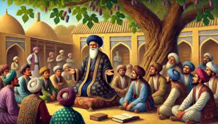 El juez Yusuf se sienta en un patio bajo un árbol, rodeado de aldeanos que presentan sus casos vistiendo trajes tradicionales uzbecos.