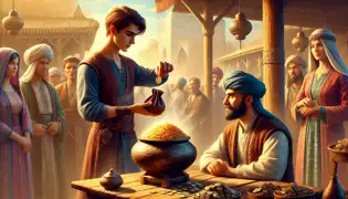 Kamol agita una bolsa de monedas cerca de un humeante cuenco de pilaf, mientras el Qadi Yusuf y unos curiosos aldeanos observan en un animado mercado.