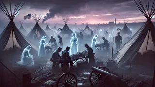 Escena de guerra civil espectral con un soldado y una enfermera en medio de una neblina temporal
