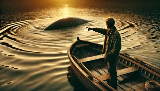 Un pescador sorprendido señala hacia una larga figura ondulante que rompe la superficie del agua cerca de su bote.
