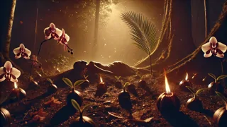 Pétalos de orquídea dispersos que se convierten en semillas de coco alrededor del cuerpo caído de Hainuwele.