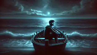 Youssef se sienta solo en su bote de pesca, contemplando el mar bajo un cielo iluminado por la luna, sumido en anhelos y tristeza.