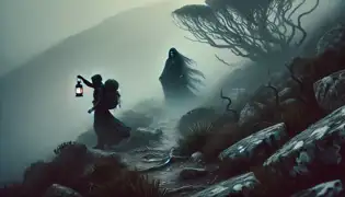 Un viajero solitario, portando una linterna, camina a través de la densa niebla en la Montaña de la Mesa, mientras una figura encapuchada acecha desde la bruma.