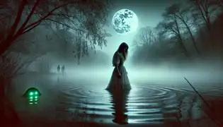 Una joven fantasmal, vestida con un vestido etéreo, se yergue sobre un lago brumoso, con una expresión de tristeza, mientras ondas se forman bajo ella. Unos débiles ojos verdes brillan bajo el agua.