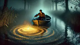 Un canal brumoso por la noche, con Pieter en una pequeña embarcación de madera sosteniendo su red mientras un resplandor dorado brilla bajo el agua.