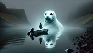 Una foca blanca y fantasmal con ojos negros emerge en un tranquilo fiordo islandés a la medianoche, mientras Elín observa desde un pequeño bote.