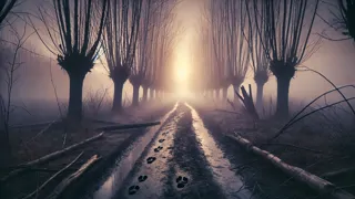 Misty dawn breaking over empty road in Sleepy Hollow with bare trees
