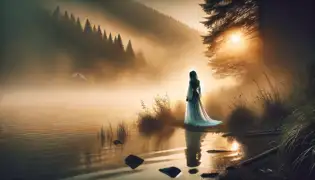 Una mujer fantasmal vestida de blanco se encuentra en el borde brumoso del lago Bear al amanecer, vigilando las aguas con una tristeza eterna.