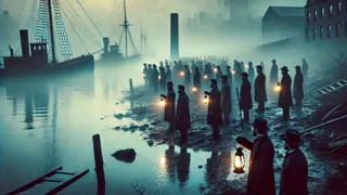 Aguas de color extraño del río Hudson donde fue encontrada el cuerpo de Marie Roget al amanecer