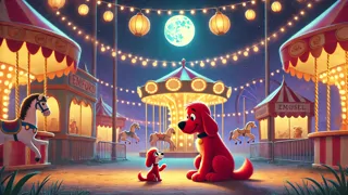Clifford y Emily presentando a un perro callejero tímido llamado Pepper bajo las luces del carnaval de medianoche.