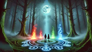 Eira y Nolan enfrentándose a la prueba de magia elemental en un claro del bosque antiguo.