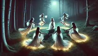 En un claro iluminado por la luna, las Iele bailan con vestidos blancos resplandecientes, mientras Ionuț permanece paralizado, cautivado por su belleza y misterio.