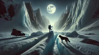 Un viajero solitario con trineo de perros atravesando una tundra congelada y ventosa bajo un cielo gris.