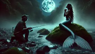 Mateo, un pescador, se queda fascinado mientras una sirena triste, con ojos brillantes y escamas plateadas, le canta desde una roca cubierta de musgo.