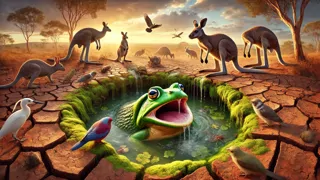 Tiddalik la rana bebiendo de un manantial mientras otros animales observan en el seco interior de Australia.