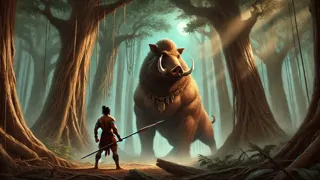 Baltog kämpft unter alten Bäumen im Mondschein gegen das monströse Wildschwein Tandayag.