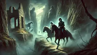 El Príncipe Arman y Ramin montan con cautela a través de un valle brumoso, lleno de susurros inquietantes y ruinas ancestrales.