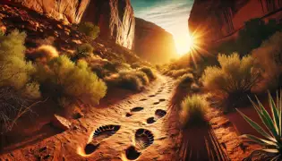 Large humanoid footprints on a dusty canyon trail surrounded by brush and red rock formations at golden hour.