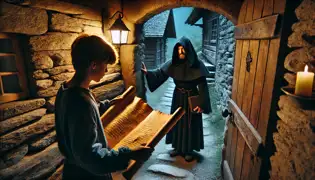 Un extraño envuelto en una capa le presenta a Jakob un antiguo mapa en la entrada de su rústica cabaña de piedra, bajo el resplandor cálido de la lamparita.