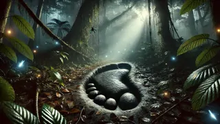 Una huella gigante del Mapinguari marcada en la hojarasca húmeda bajo la luz de la luna.