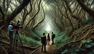Un misterioso sendero cubierto de vegetación que se adentra en la densa Costa Salvaje, donde tres exploradores vacilan antes de entrar en lo desconocido.