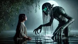 Un misterioso Goblin del Agua con manos palmeadas y ojos verdes brillantes emerge de un oscuro lago, enfrentándose a una joven que está de pie en la orilla.