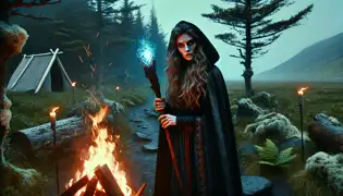 Una mujer enigmática, Freyja, se encuentra cerca de un fuego en un bosque neblinoso de Islandia, sosteniendo un báculo resplandeciente que revela secretos antiguos.