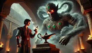 Rustam Khan limpia el polvo de una lámpara antigua mientras un imponente Djinn emerge del humo en espiral en un oasis oculto.