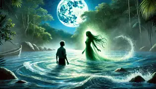 Yara, the Guardian of the Orinoco, emerges from the river, her glowing emerald eyes fixed on Andrés, who watches in awe.