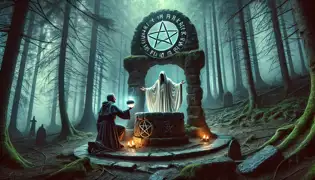 En un claro iluminado por la luna, Andrei se arrodilla ante una figura encapuchada que sostiene un cáliz de plata, con el resplandeciente Pozo Mágico a sus espaldas.