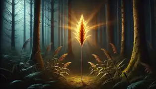 Un brillante tallo dorado se alza solo en un oscuro bosque encantado, rodeado de árboles inquietantes y un aire de magia.