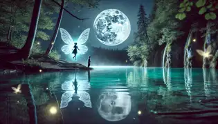 Una hada brillante en los Lagos de Plitvice aparece bajo la luz de la luna junto a un tranquilo estanque rodeado de luciérnagas.