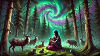 El bebé Hiawatha acunado por Nokomis bajo un cielo ojibwa iluminado por la aurora.