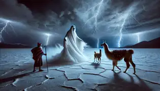 Un espíritu envuelto en una túnica blanca surge del Salar de Uyuni, enfrentándose a Tupac y su llama dorada, Inti, bajo un cielo tempestuoso.