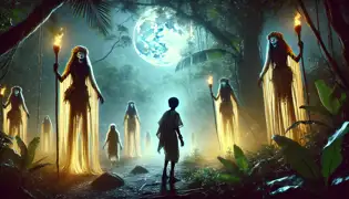Por la noche, Ajani se encuentra con los místicos espíritus Moko Jumbie en la jungla de Santa Lucía, cuyos ojos brillantes observan cada uno de sus movimientos.