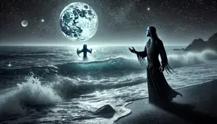 Sigrún se encuentra en una playa iluminada por la luna cuando Alrek, el tritón, emerge de las olas, extendiéndole la mano con anhelo y misterio.