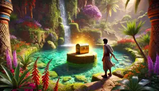 En una mística oásis con aguas cristalinas y flores de colores vibrantes, Idris se acerca a un cofre dorado situado sobre un pedestal de piedra.