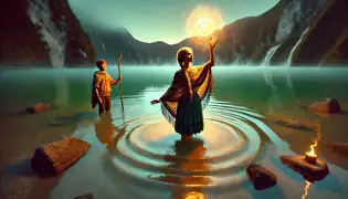 Rosa se encuentra en las aguas poco profundas de la laguna Quilotoa, extendiendo la mano hacia un orbe resplandeciente, mientras su hermano Mateo la observa.
