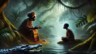 Kibamba escucha a una anciana junto al río mientras ella revela el secreto del Rey Cocodrilo. La jungla los envuelve en un misterio.