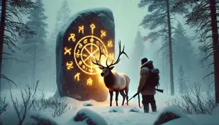 Erik se encuentra frente a un antiguo monolito adornado con rúnicas samis que brillan, mientras el Ciervo Dorado lo observa, con sus astas crepitando de energía.